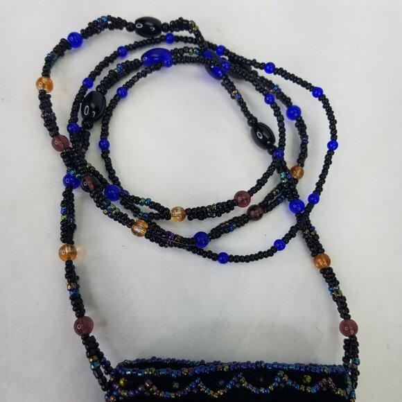 Beaded Horse Mini Bag Credit Card Holder Crossbody Pouch Velvet Navy Blue Strap - Picture 5 of 15